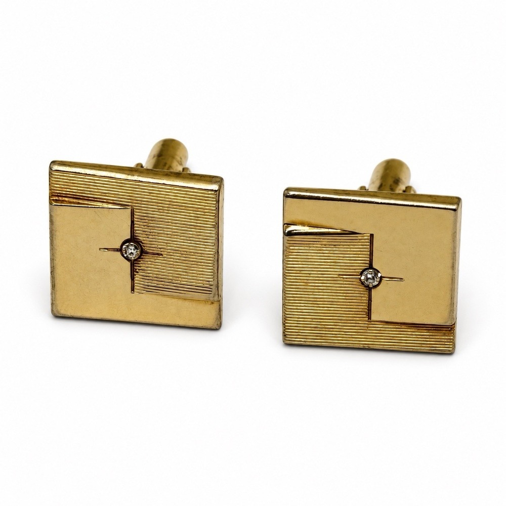 Vintage 10K Gold Front Diamond Cufflinks Square Mid Century Men's